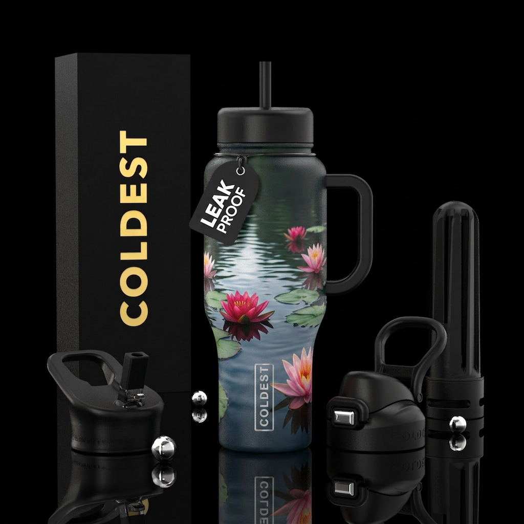calm waters, lotus flowers, Japanese water bottle design