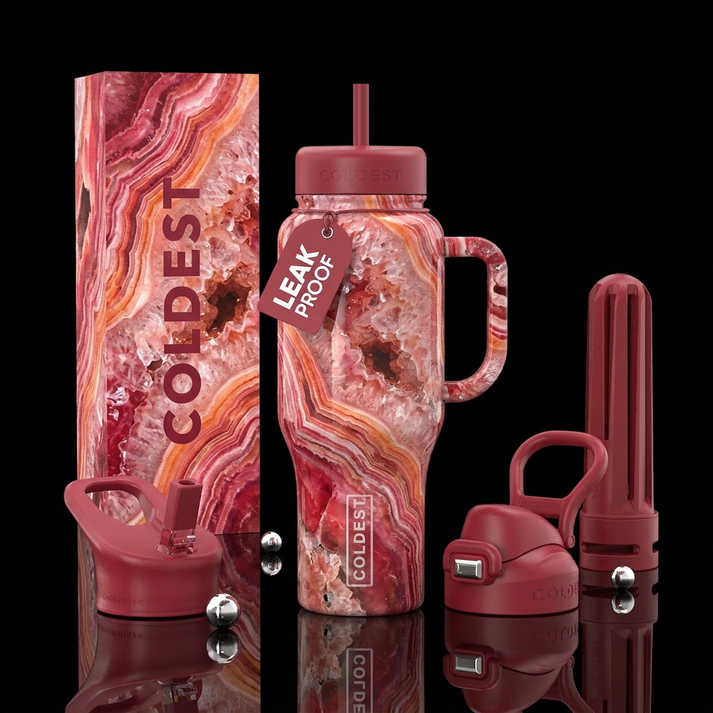 Rhodochrosite geode water bottle design