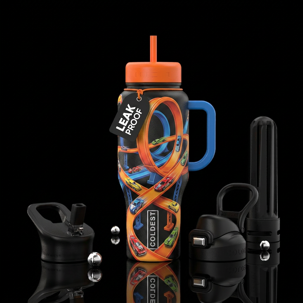 Hot wheels style race track looping around the cup... water bottle design