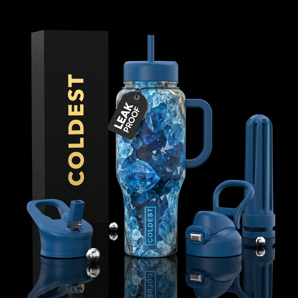 Blue topaz geode water bottle design