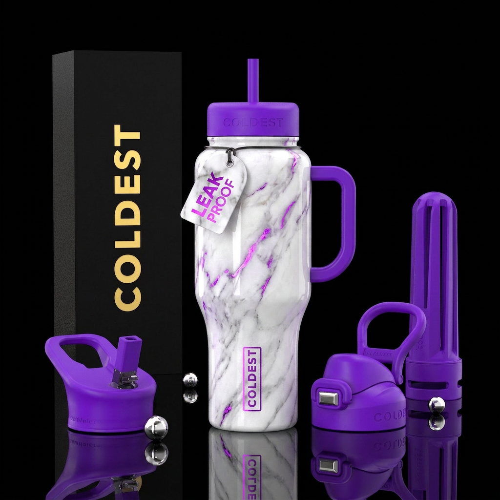 White marble with neon purple highlights water bottle design