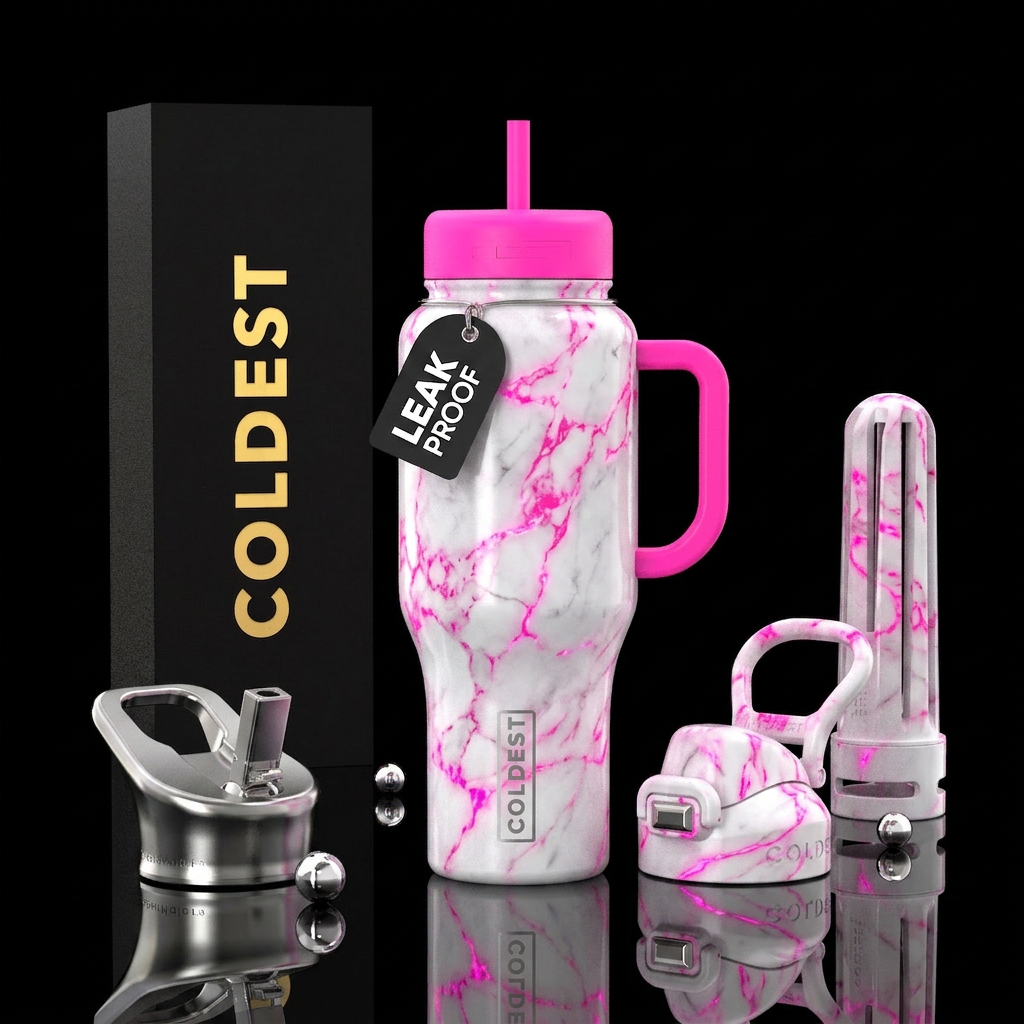 White marble with neon pink highlights water bottle design