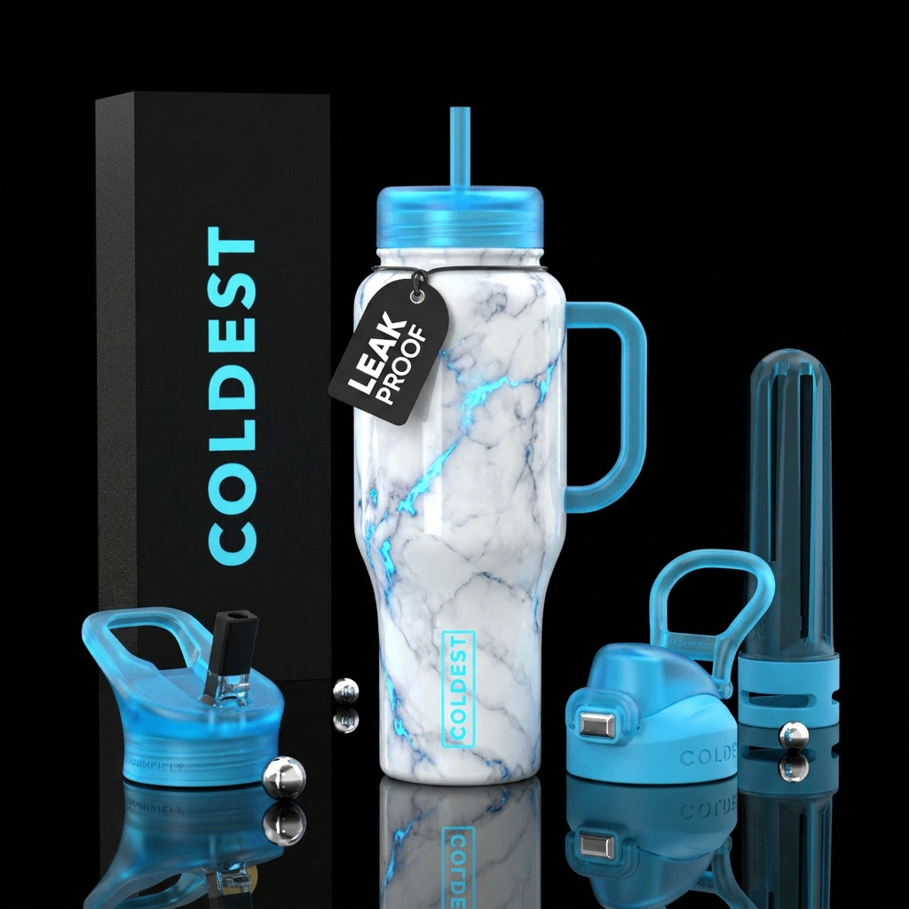 White marble with neon blue highlights water bottle design