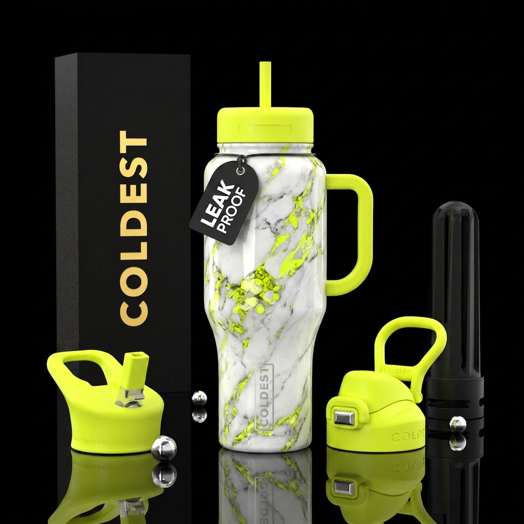White marble with neon yellow highlights water bottle design