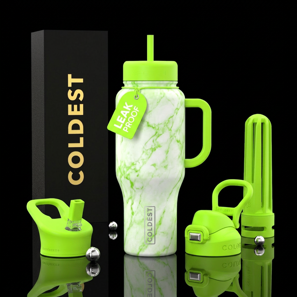 White marble with neon green highlights water bottle design