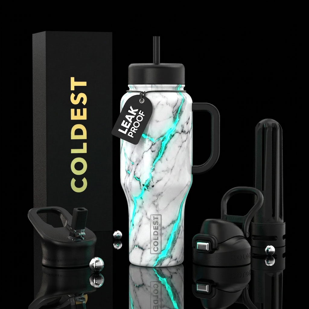 White marble with neon teal highlights water bottle design