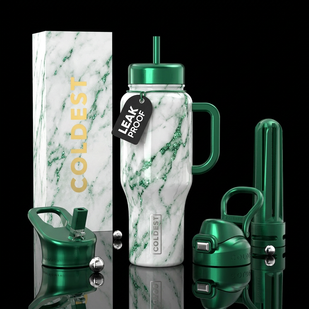 White marble with shiny emerald highlights, the ha... water bottle design