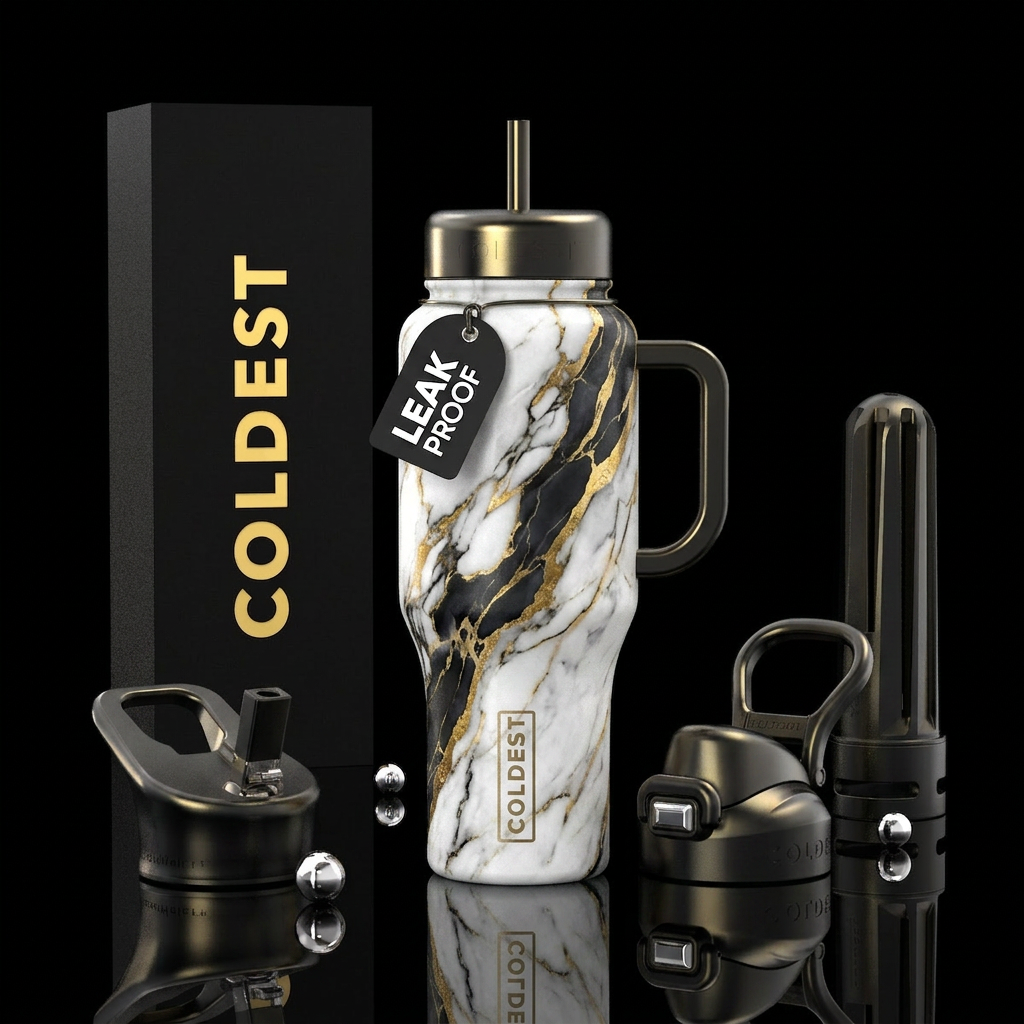 White marble with shiny onyx and gold highlights, ... water bottle design