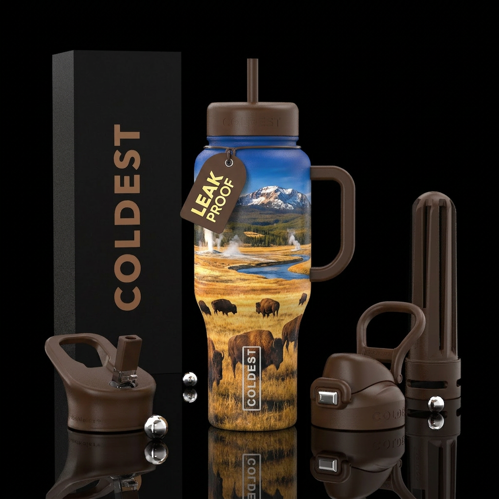 Buffalo roaming the plains in Yellowstone water bottle design