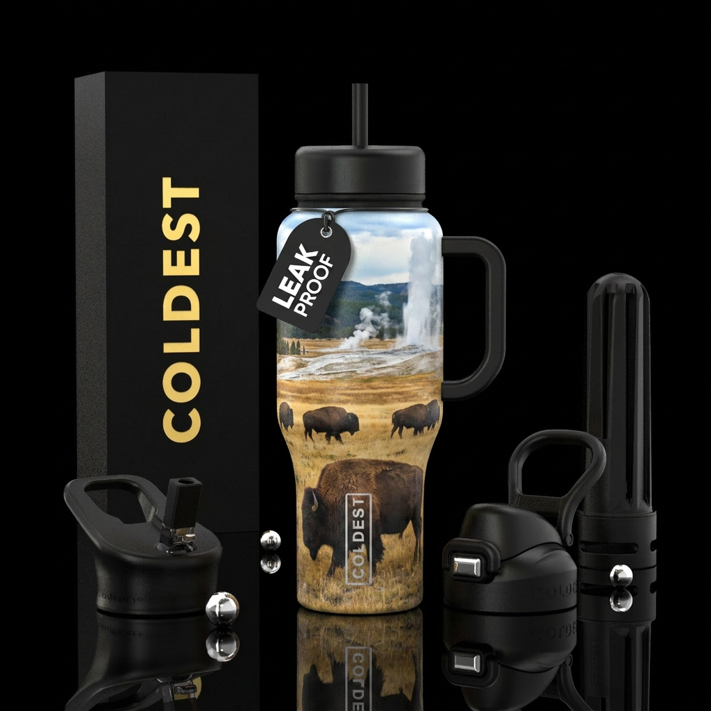 Buffalo roaming the plains in Yellowstone water bottle design