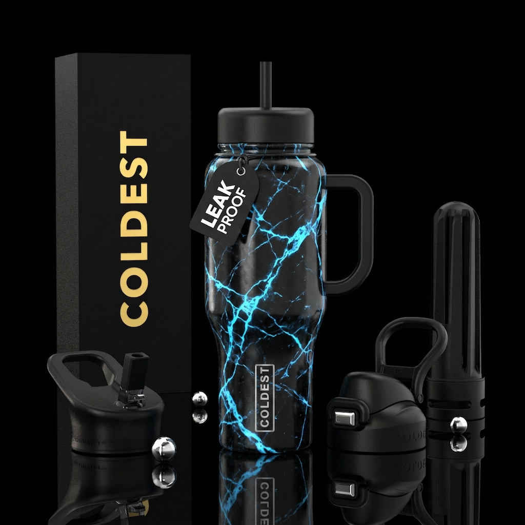 Black marble with neon blue highlights water bottle design