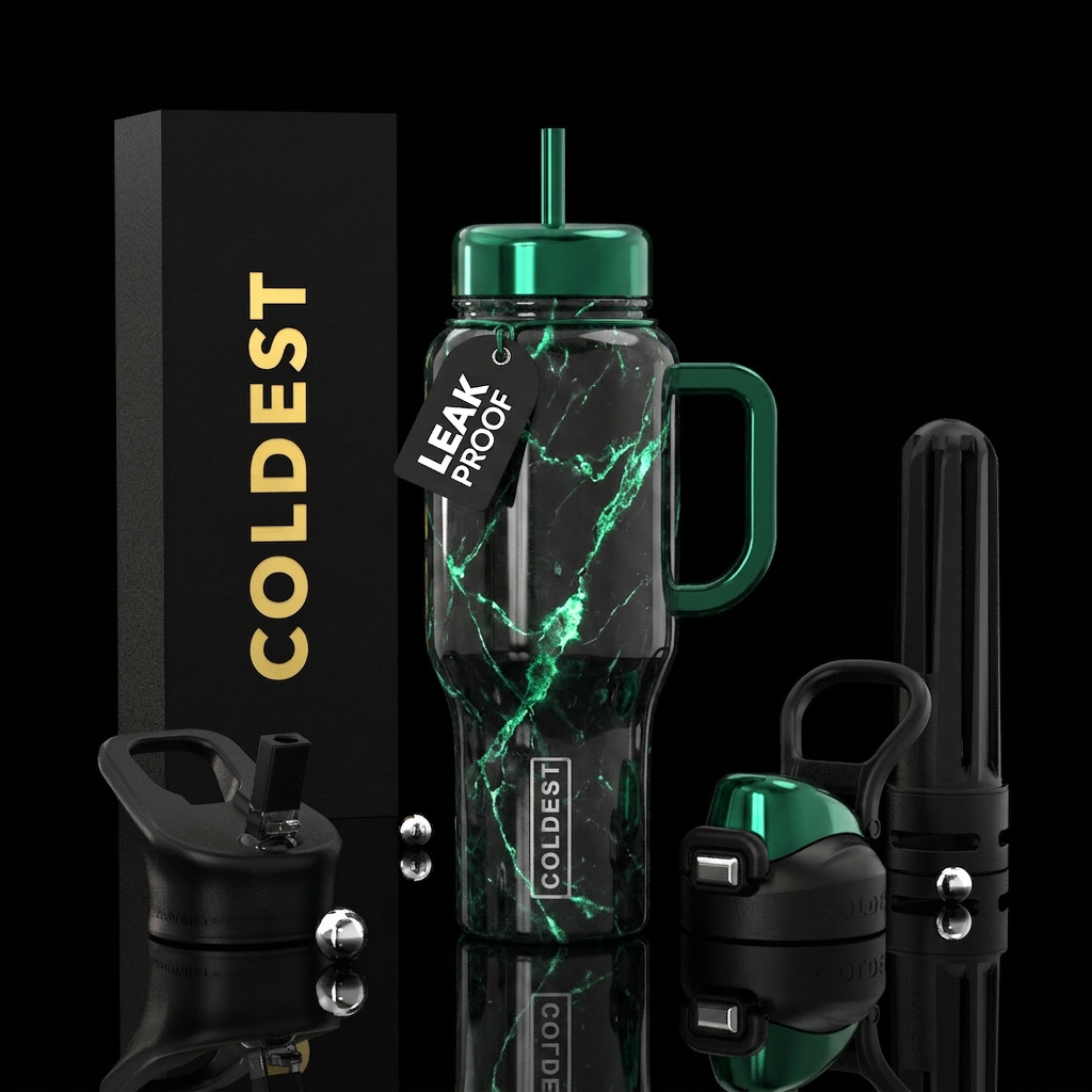 Black marble with shiny emerald green highlights water bottle design