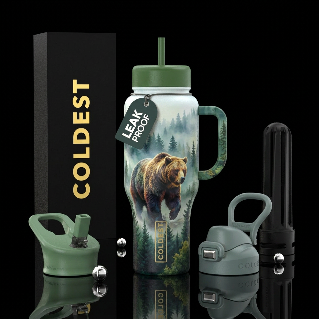 misty forest, grizzly bear water bottle design