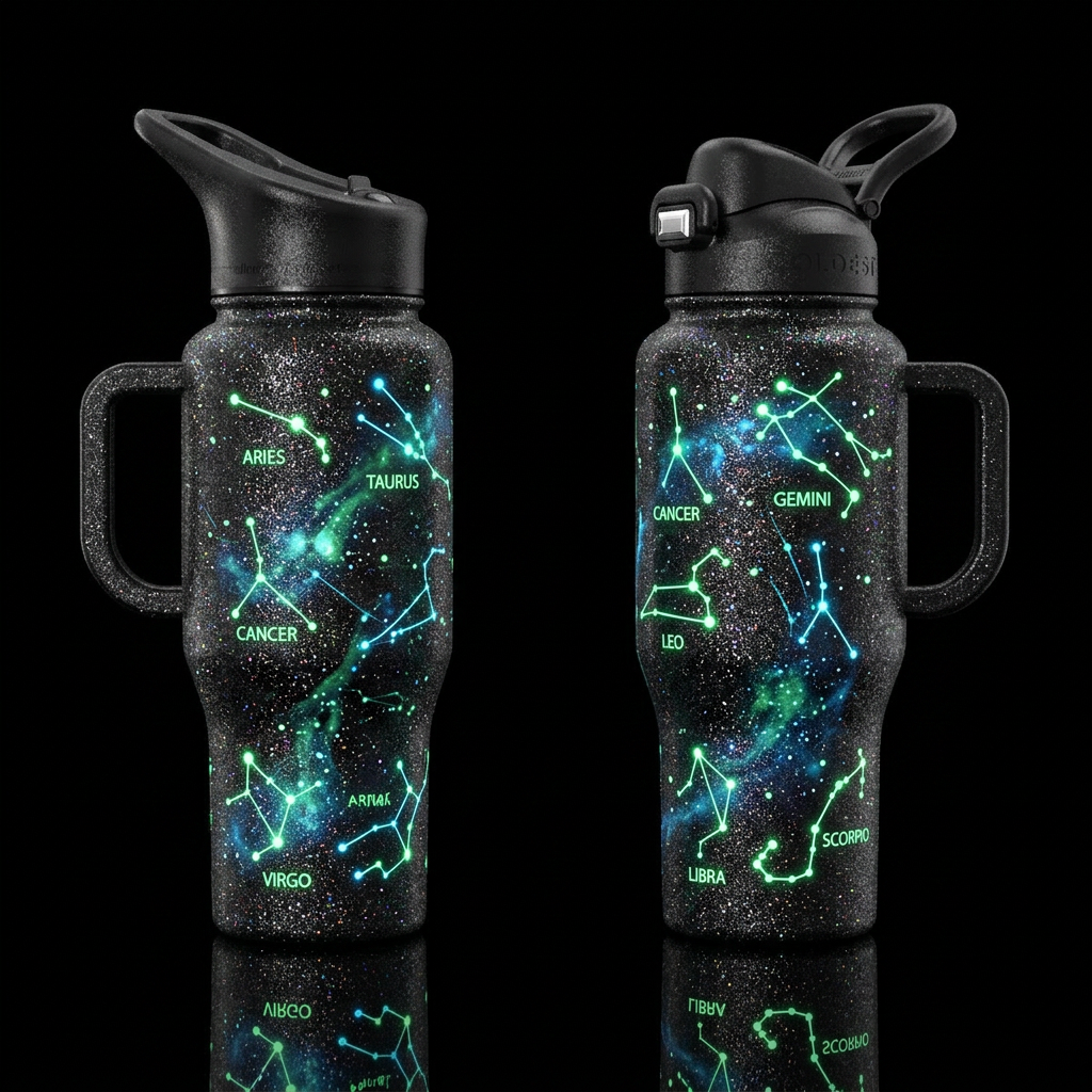 Zodiac constellations on glitter black cup, the co... water bottle design
