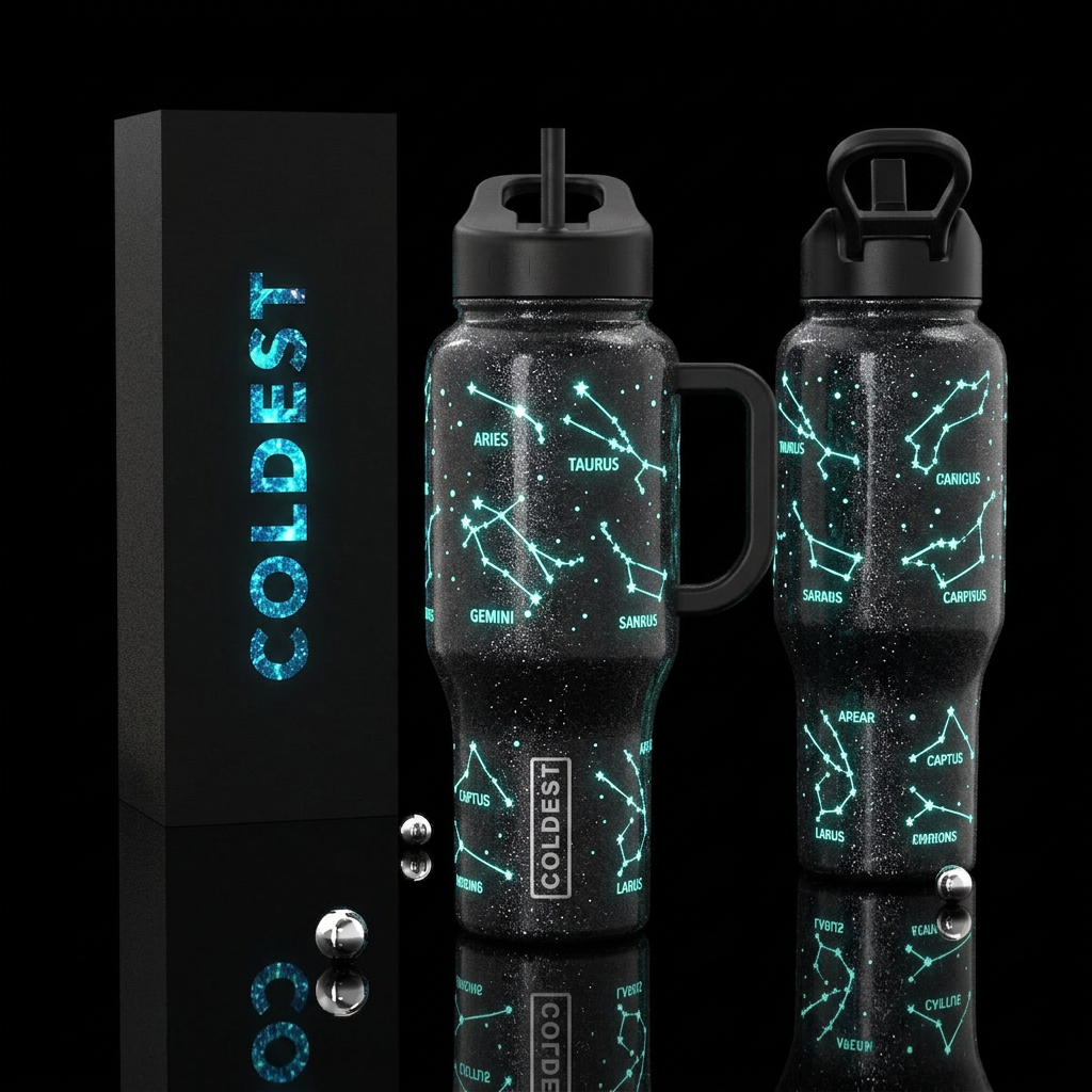 Zodiac constellations on glitter black cup, the co... water bottle design