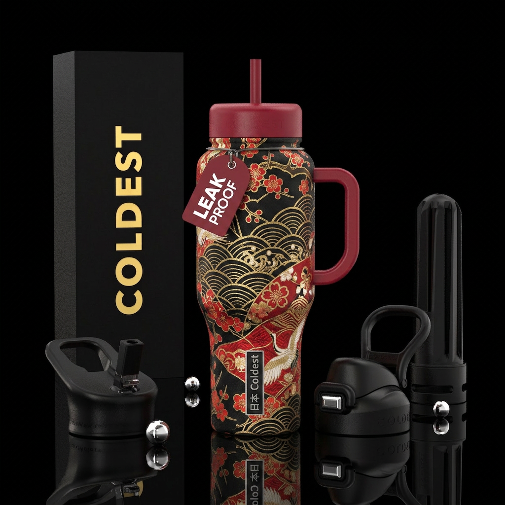Japanese kimono pattern in blacks and reds water bottle design