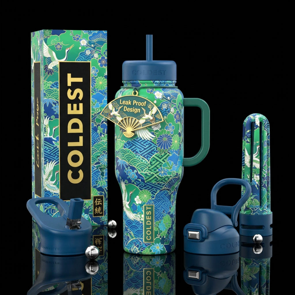 Japanese kimono pattern in greens and blues water bottle design