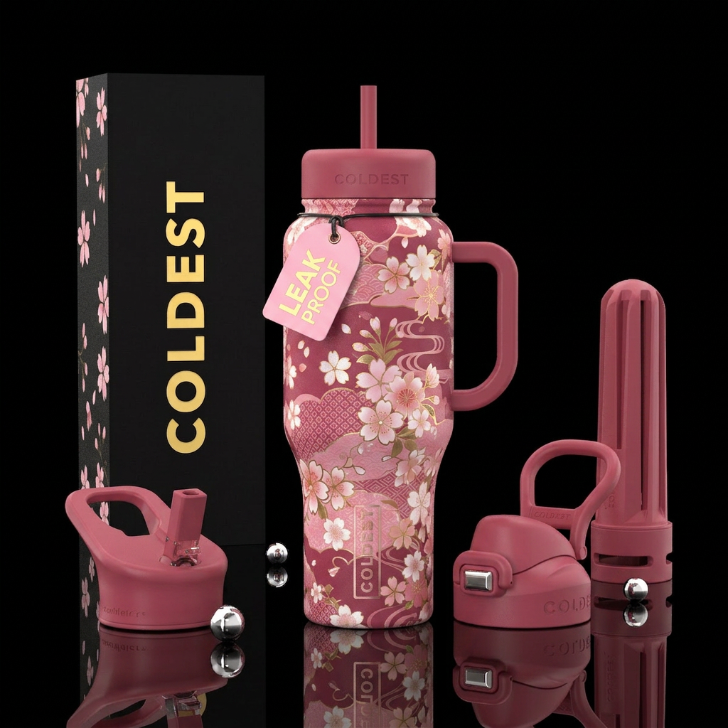 Japanese kimono pattern in shades of pink with che... water bottle design