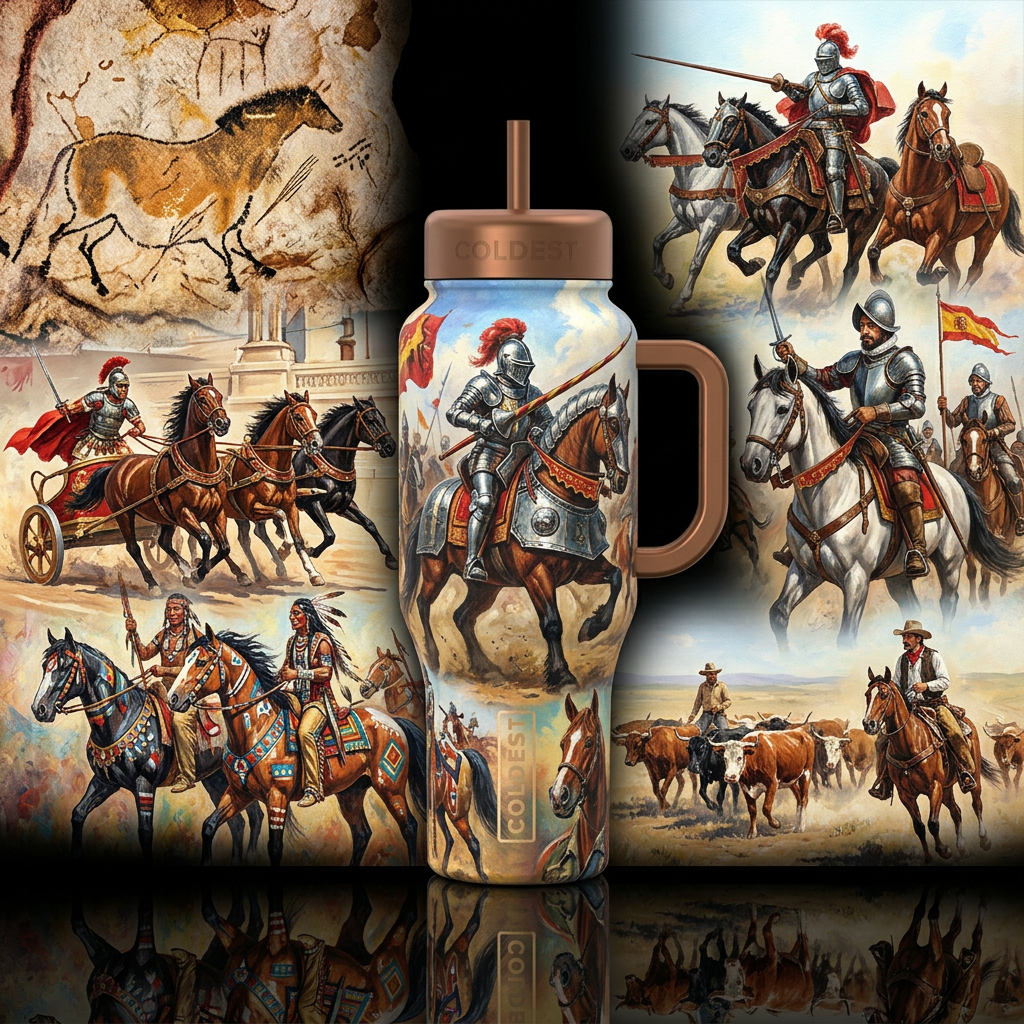A collage of horses from cave paintings, to roman ... water bottle design