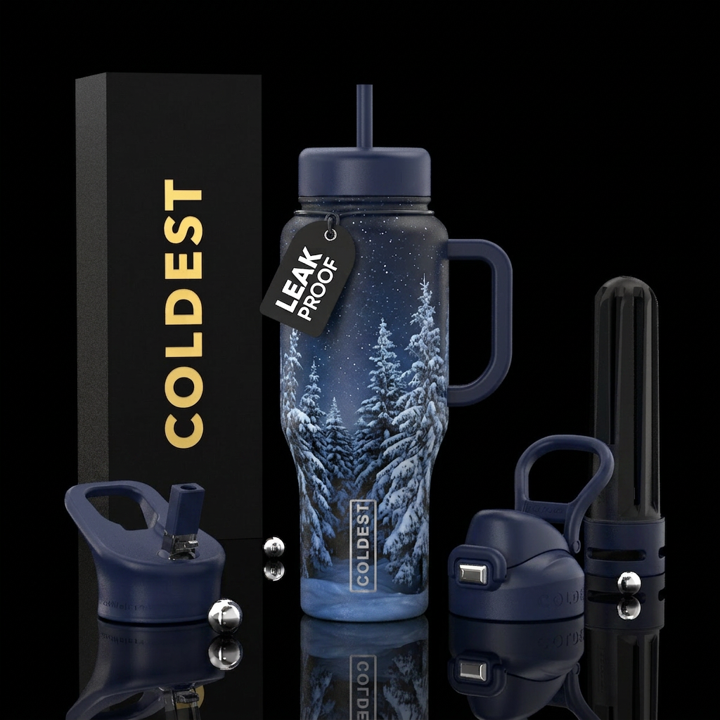 Night time snow forrest water bottle design