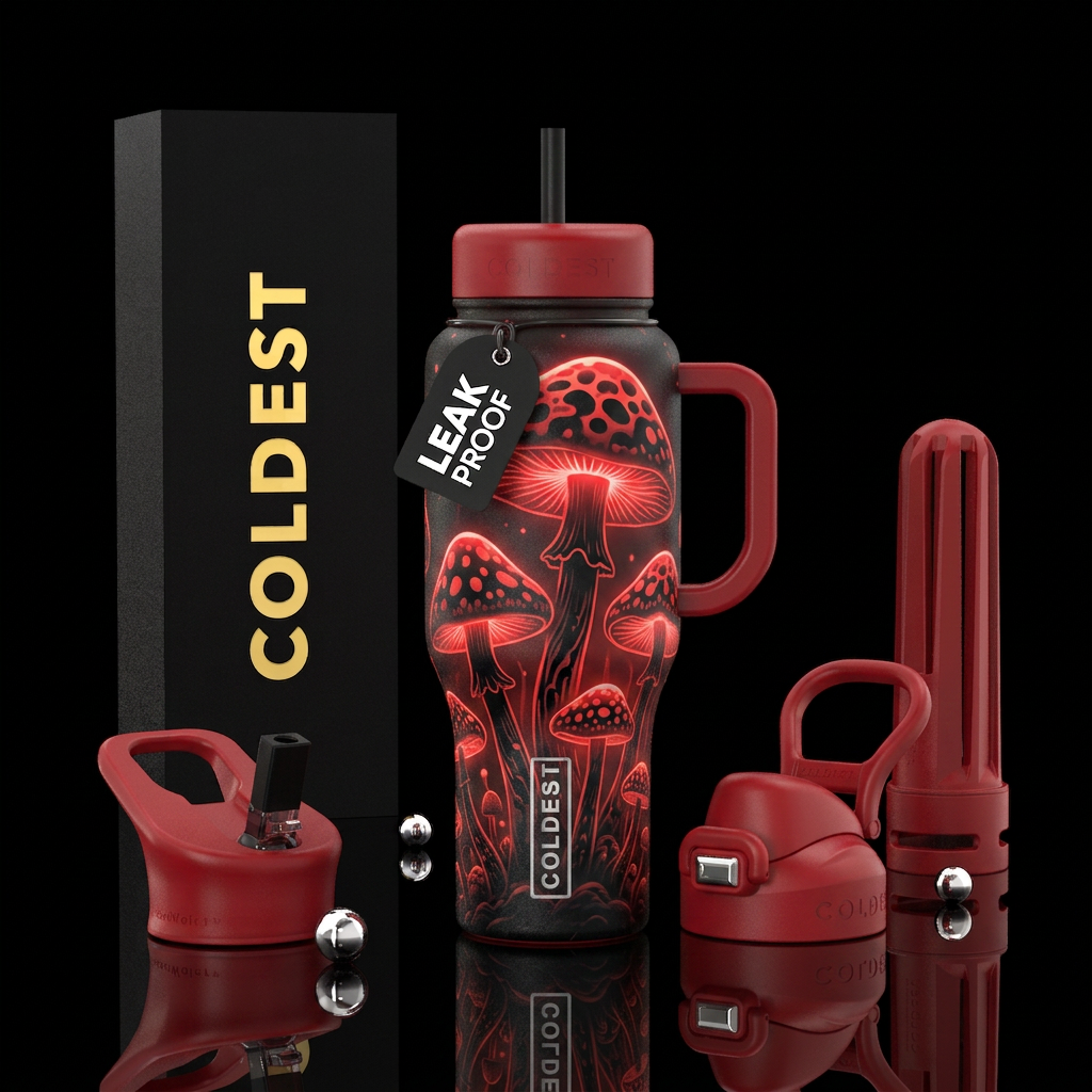 Red black glowing mushrooms water bottle design