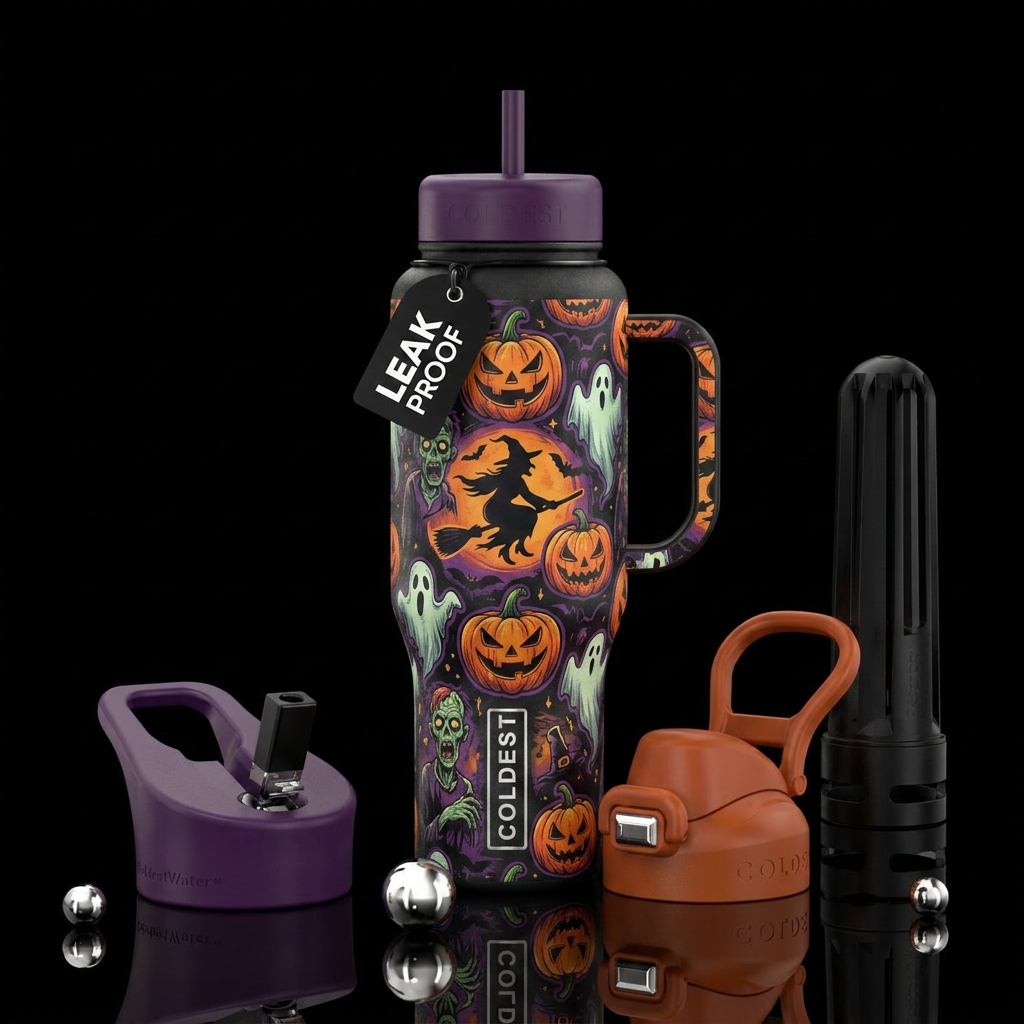Pumpkins ghost witch zombie ghoul water bottle design
