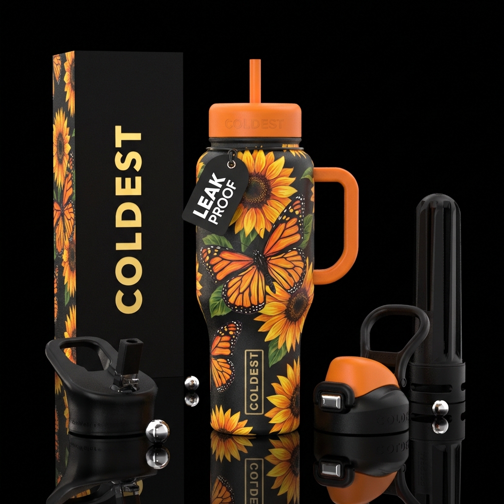 Monarch butterfly with Mexican sunflower water bottle design