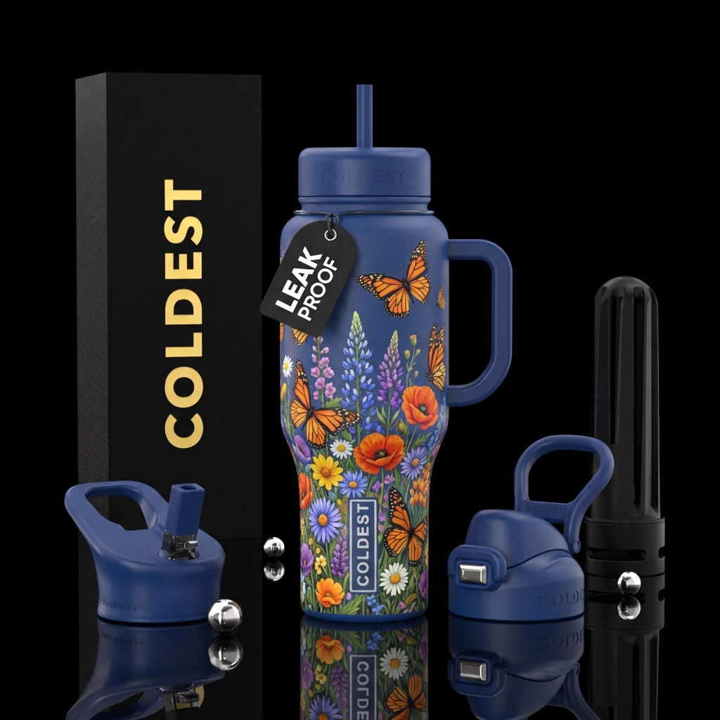 Monarch butterfly in field of wildflowers water bottle design
