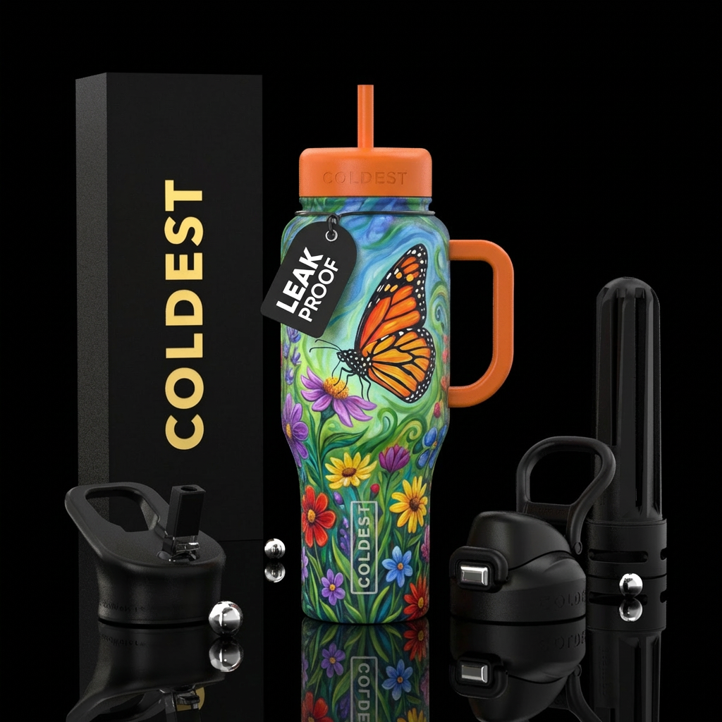 Male monarch butterfly polinating wildflowers water bottle design