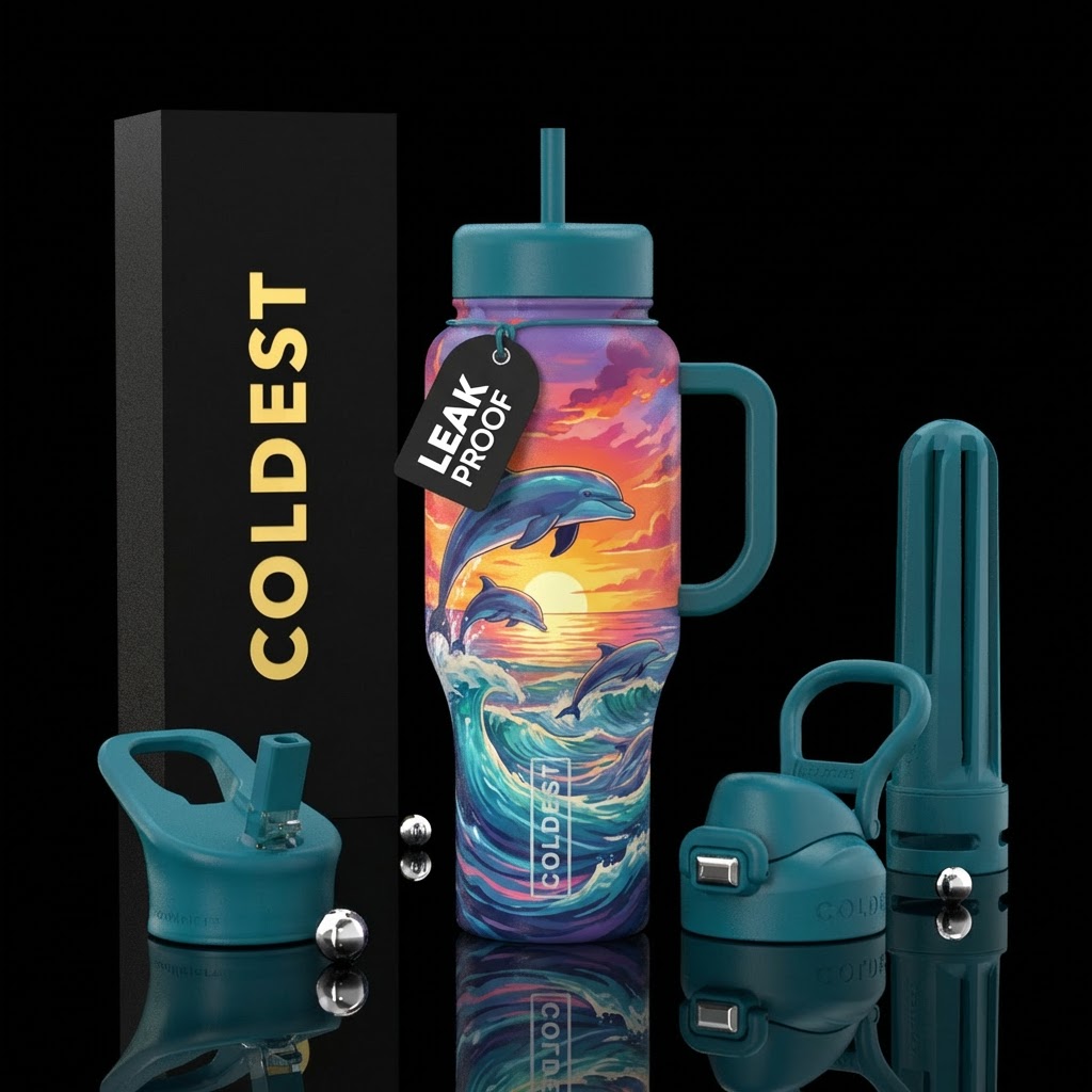 Dolphins jumping through waves at sunset water bottle design