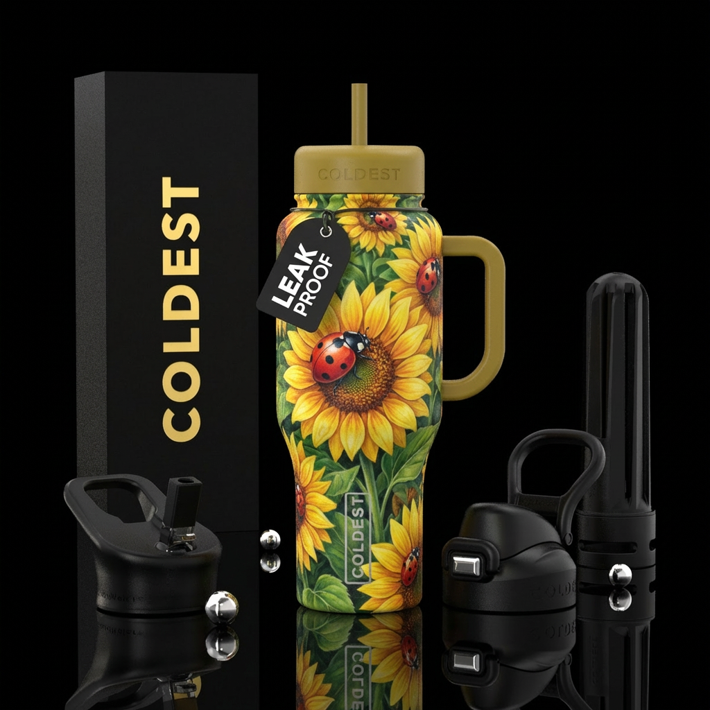 Ladybugs sitting on sunflower water bottle design