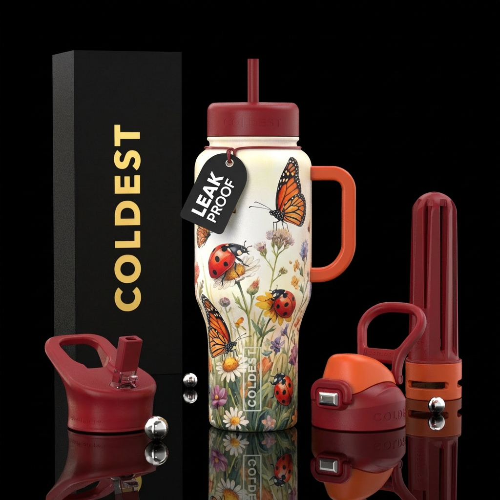 Ladybugs & monarch butterflies flying around the w... water bottle design
