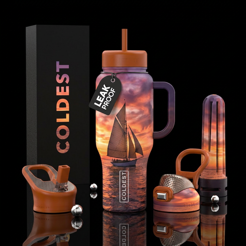 Sail boat sailing off into the sunset water bottle design