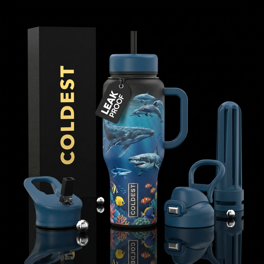 Ocean life animals with whales, dolphin, sharks wi... water bottle design