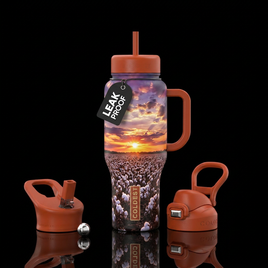 Sunset over a cotton field water bottle design