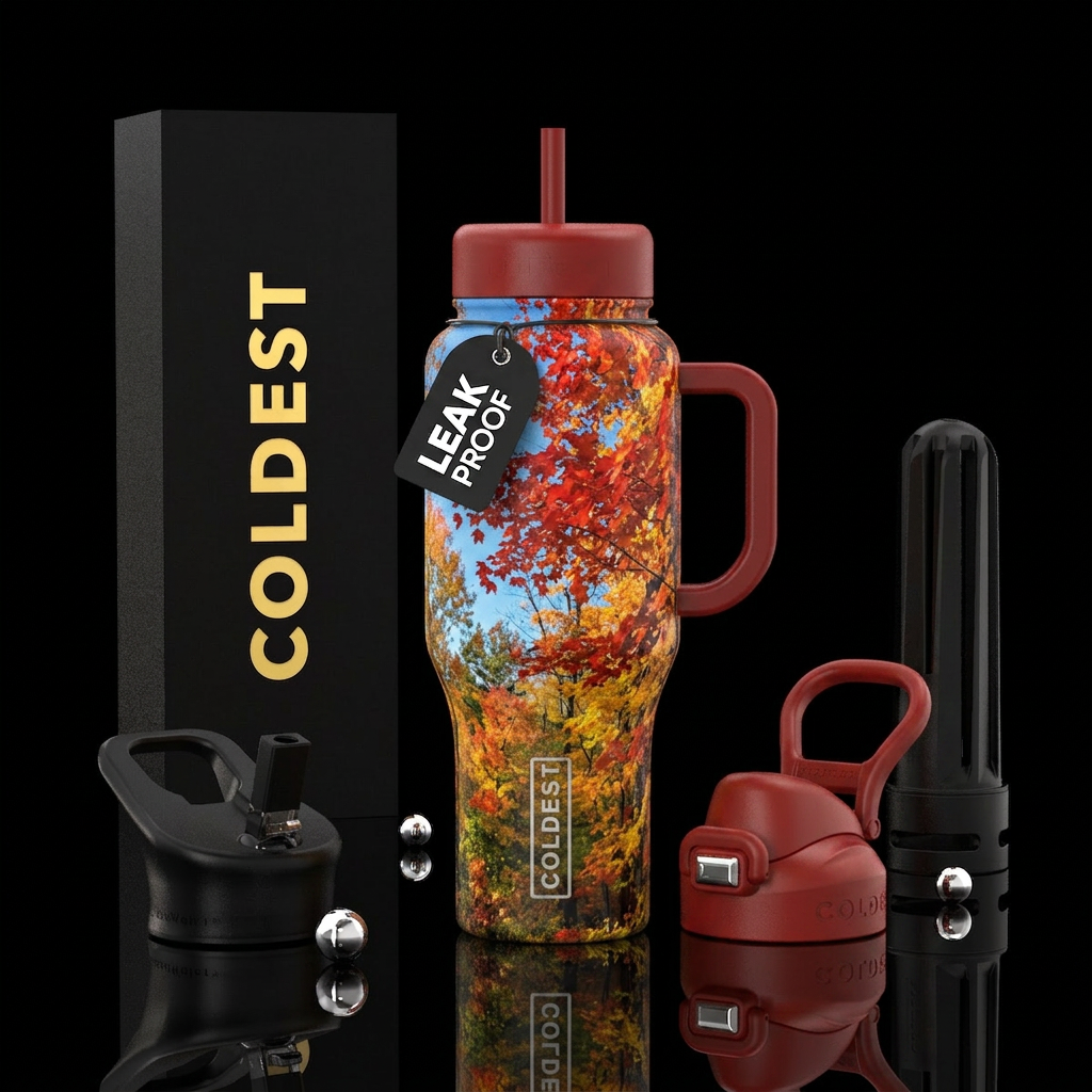Crisp fall day with maple trees turning colors water bottle design