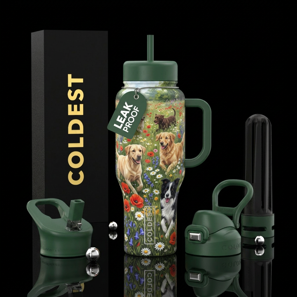 Dogs playing in a field of wild flowers water bottle design