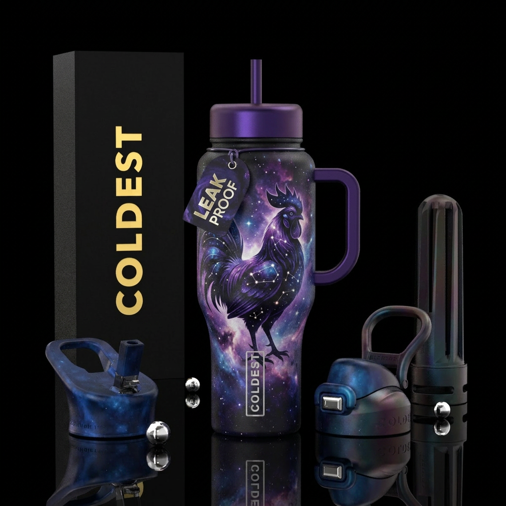 Cosmic rooster water bottle design