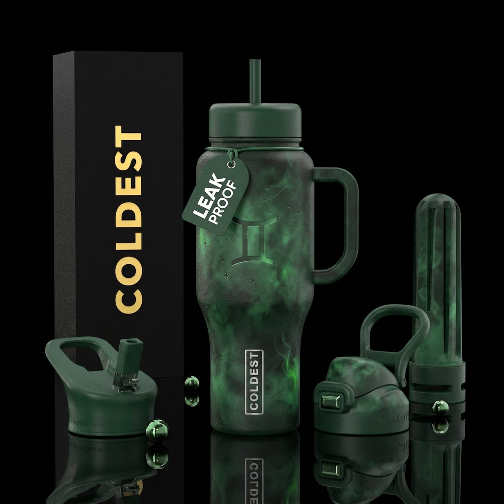 Gemini, twins, astrology, dark green, fog, water bottle design