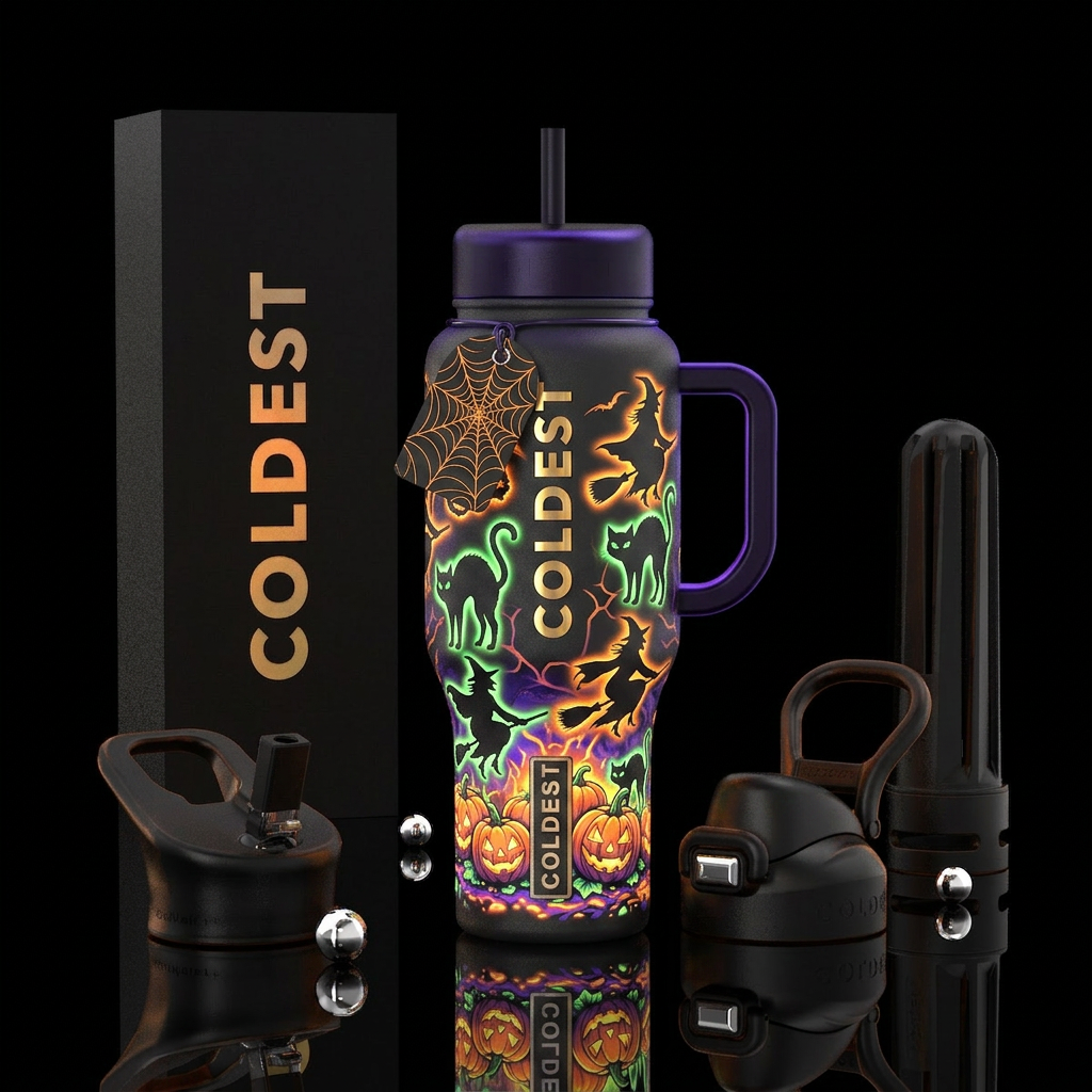 Dark, glowie, Halloween, cats, witches, water bottle design