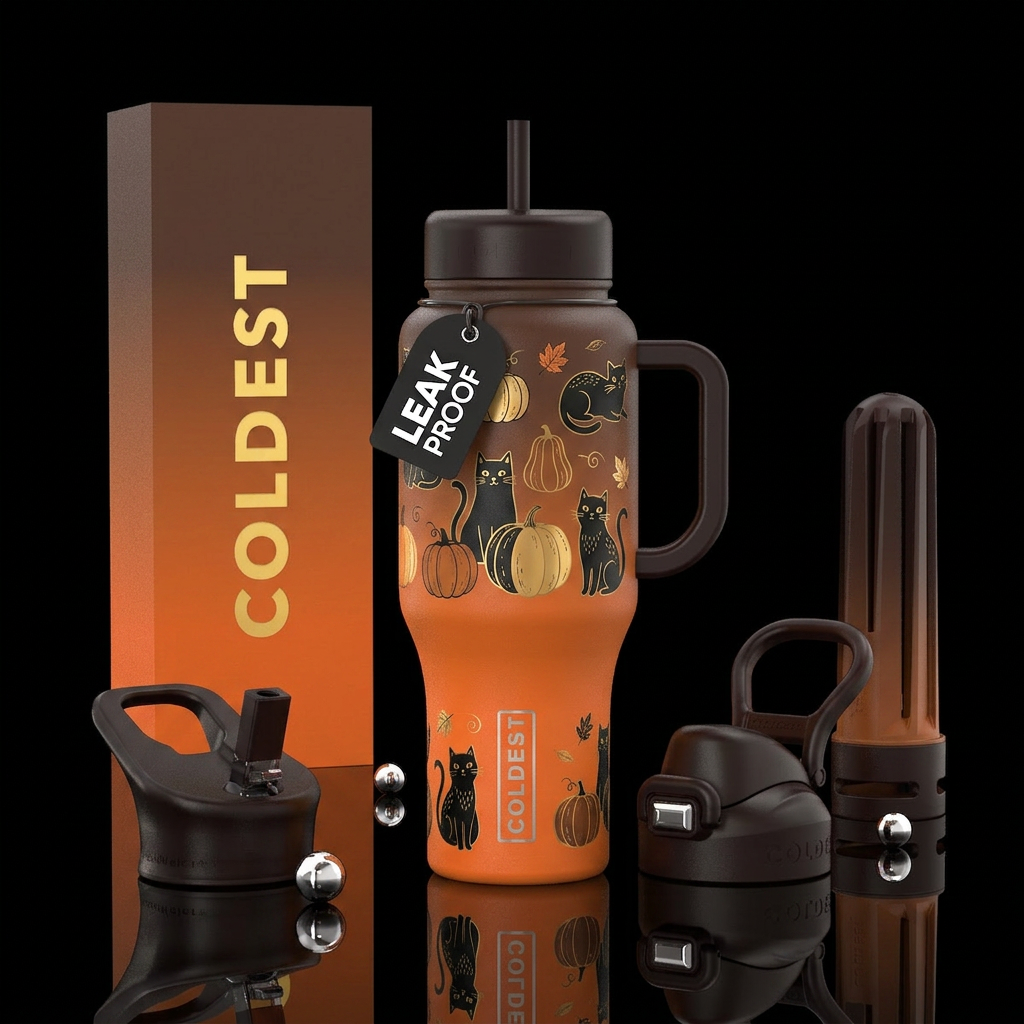 Gradient, orange, brown, cats, pumpkins, fall water bottle design