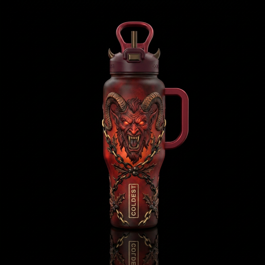 Evil, Christmas, holiday, red, gradients, krampus water bottle design
