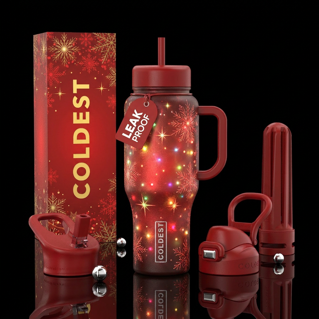 Christmas, holiday, red, gradients, lights, glowie... water bottle design