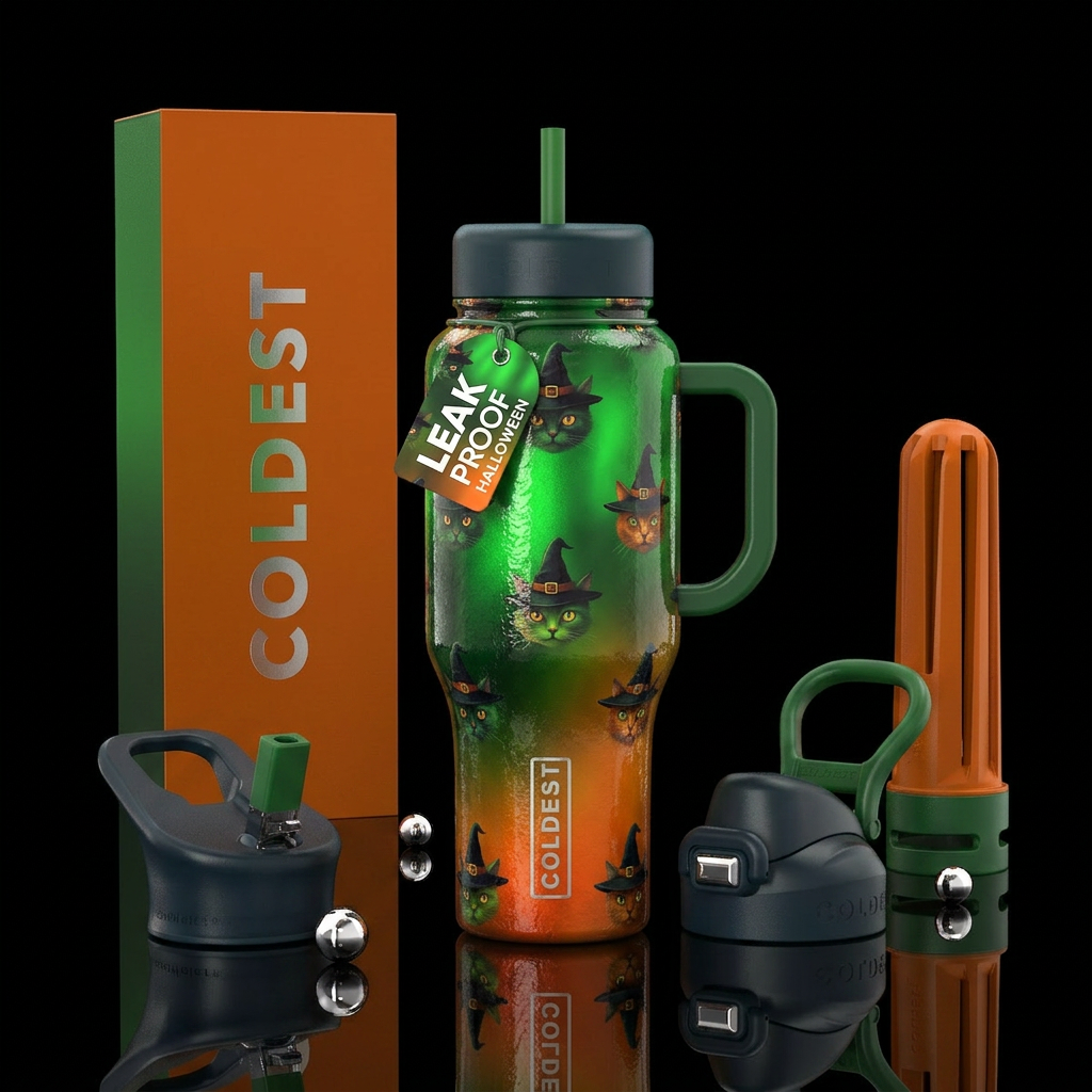 Cats with witch hats, green, orange, gradient, Hal... water bottle design
