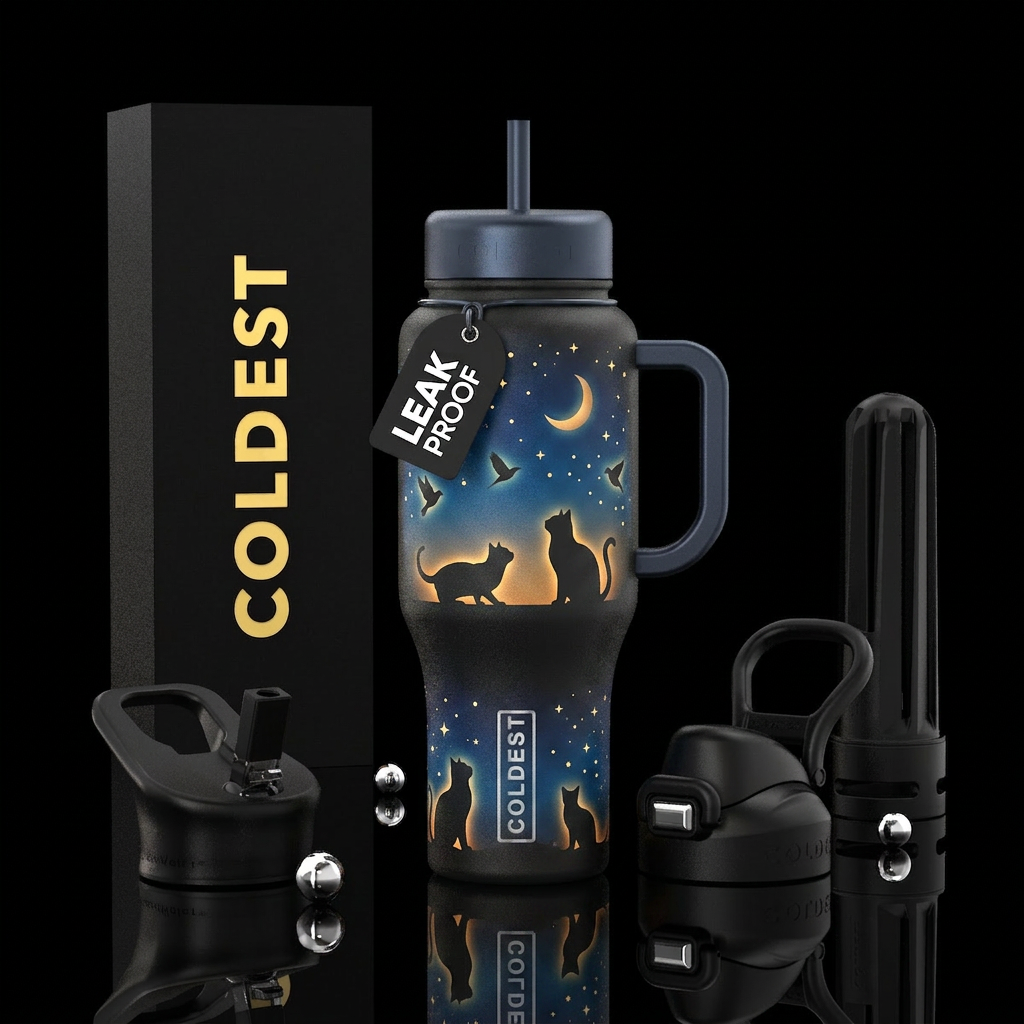 Cats, moon, gradient blue or orange, stars, glowie... water bottle design