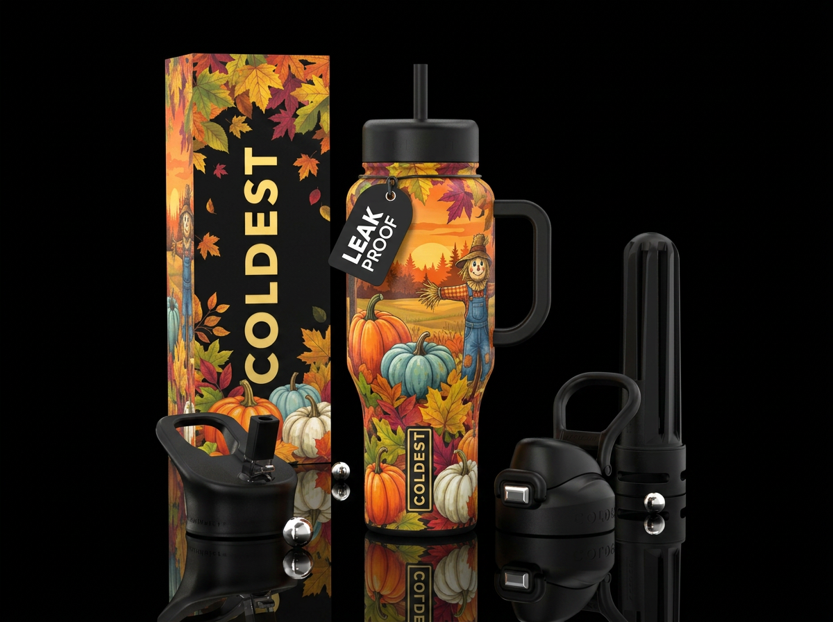 Fall leaves, orange sunset, scarecrow, pumpkins, c... water bottle design