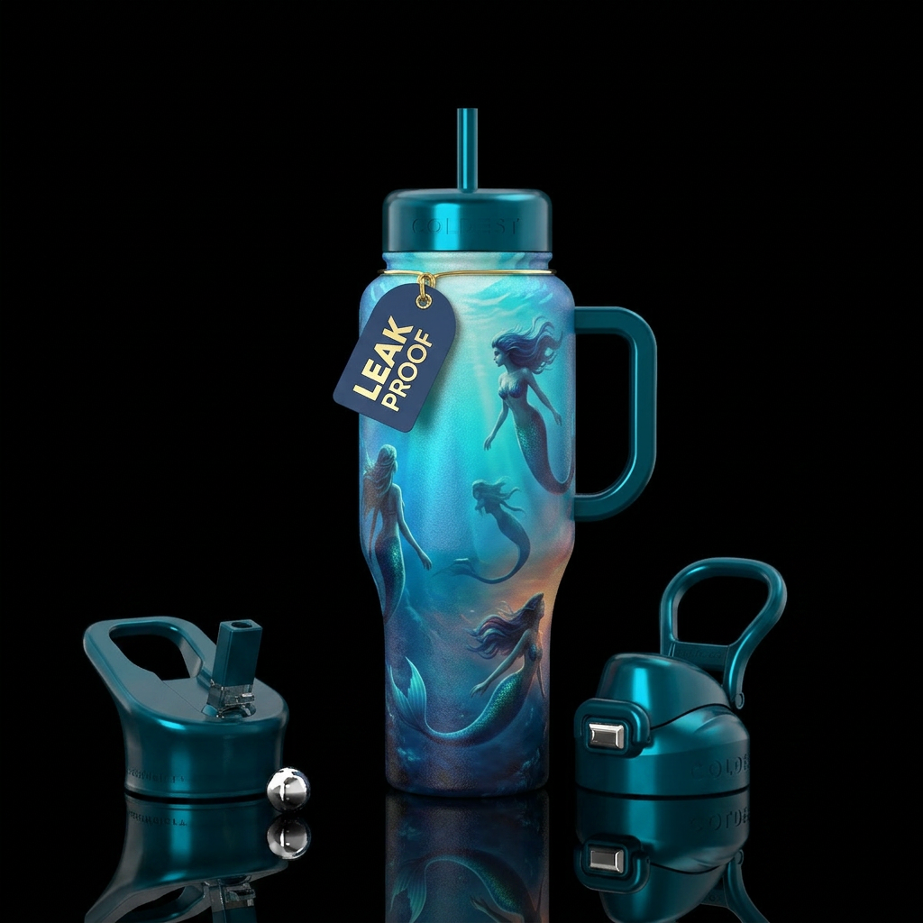 Mermaids, sunset, blue and teal gradient waters, m... water bottle design