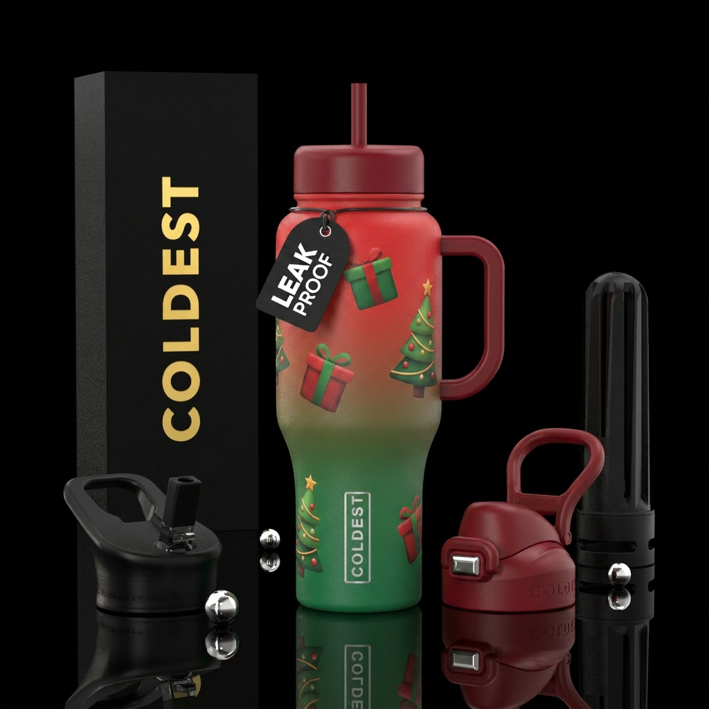 Christmas presents, shaded colors, Christmas tree,... water bottle design