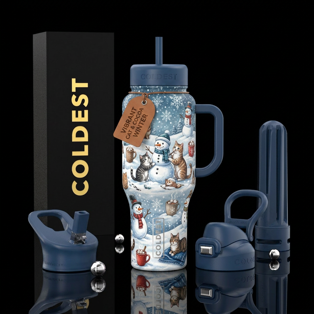 Cats , snow, hot chocolate, snowman water bottle design