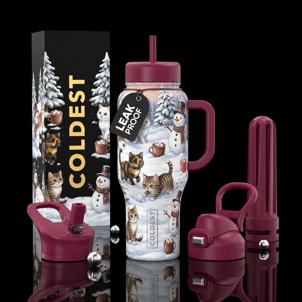 Cats , snow, hot chocolate, snowman water bottle design